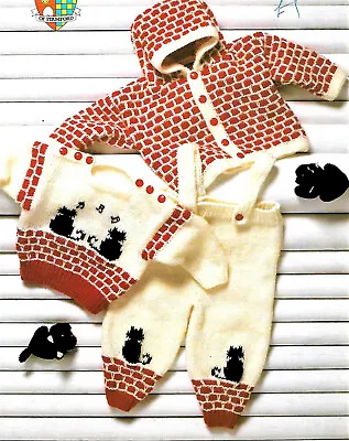 Baby Boys Cat Motif Sweater Hooded Jacket Trousers KNITTING PATTERN DK 18 - 20  • £2.15