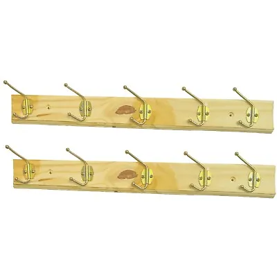 2x STRONG WOODEN WALL COAT HANGER Clothes Hangers Rack Hooks Pegs Pine Wood UK • £8.72