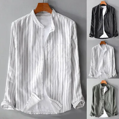 Mens Long Sleeve Retro Striped Shirt Collarless Grandad Casual Dress Shirts Tops • £8.75