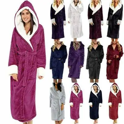 $35.99 • Buy Womens Long Robe Hooded Dressing Gown Soft Fleece Lined Bathrobe Top Winter Warm