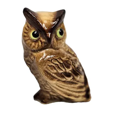 Vintage Mini Owl Figurine Ceramic Bird 1 1/8 Inch Hoot Brown Yellow Eyes • $9.99