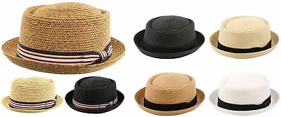 Men's Summer Lightweight Straw Pork Pie Derby Fedora Upturn Brim Hat W/ Ribbon • $19.98