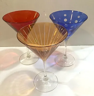 Festive MARTINI COCKTAIL GLASSES 6oz Multicolored Crystal 7.5”H Barware Set Of 3 • $14.44