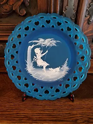 Blue Mary Gregory Signed Laced Edge Plate Girl Swinging With Dog • $10