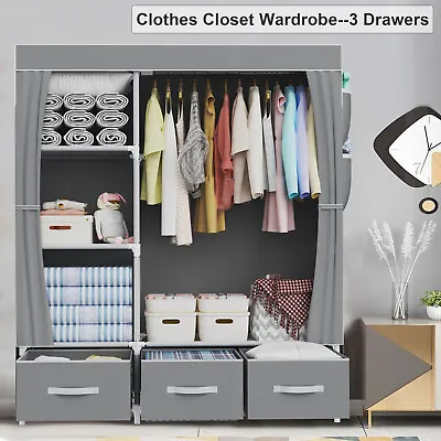 LOEFME 165cm Fabric Canvas Wardrobe Closet Grey W/ Hanging Rail 3 Storage Boxes • £27.99