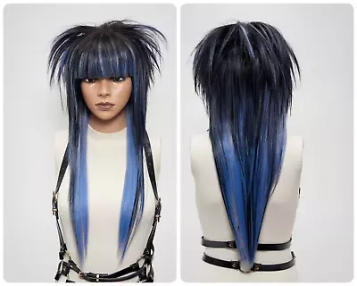 Black Blue Spiky Mullet Emo Wig Bangs Fringe Unisex Long 150 Full Density Styled • $186.77