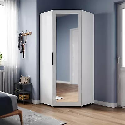 White High Gloss Door Corner Mirrored Wardrobe With Hanging Rail Large Storage • £289.90