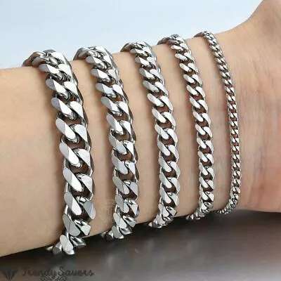 Men's Bracelets Stainless Steel Curb Cuban Link Chain Silver Color Jewelry Gift • £3.99