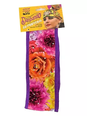 Pink Orange Roses Rhinestones Danbando Bandanna Head Wrap Headband Pony Tail • $12.95