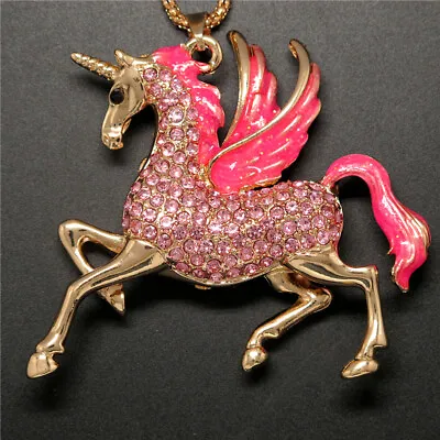 $4.39 • Buy Pretty Pink Enamel Pegasus Unicorn Crystal Pendant Holiday Gifts  Chain Necklace