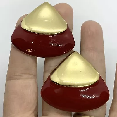 Vtg Monet Red Enamel Extra Large Teardrop Modernist Earrings Clip-on Goldtone  • $19.95