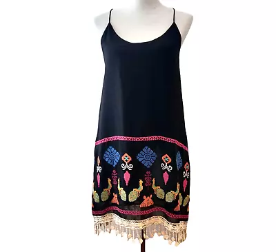 Va Va By Joy Han Womens Black Ethnic Embroidered Fringe Pockets Slip Dress Small • $79.87
