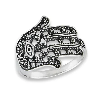 Oxidized Hand Of God Evil Eye Hamsa Ring Sterling Silver Filigree Band Sizes 6-9 • £14.47