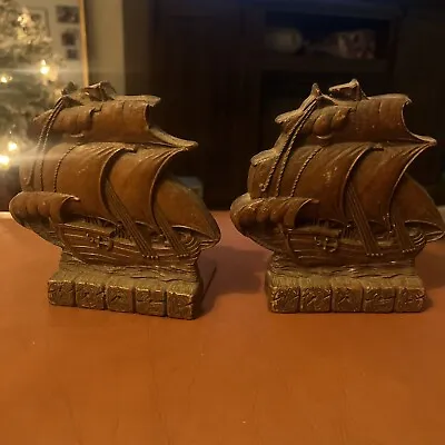 Vintage Pair Sailing Tall Ship Orna Wood Bookends Book Ends Nautical Sailboat • $14.31