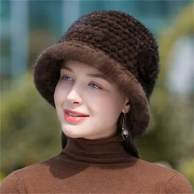 Women's Real Mink Fur Hat Knitted Bucket Hat Winter Cap Beanies Outdoor Warm Hat • $26.50