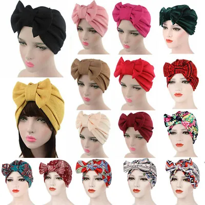 Solid Bow Wrap Hair Loss Head Scarf Muslim Women Turban Cap Cancer Chemo Hat • £5.75