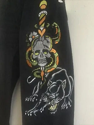 ED HARDY BLACK SLIM FIT EMBROIDERED SKULL BLACK PANTHER SIGNATUR JEANS 42x32 NWT • $109.99