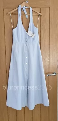 ZARA Halter Neck Dress Midi Button Down Long XL M Light Blue Summer Low Back • £35.99