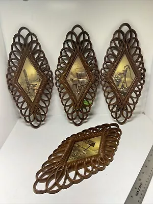 Home Interiors Burwood 4 Wicker Diamond Plaques 1350 HOMCO Vintage MCM • $19.95