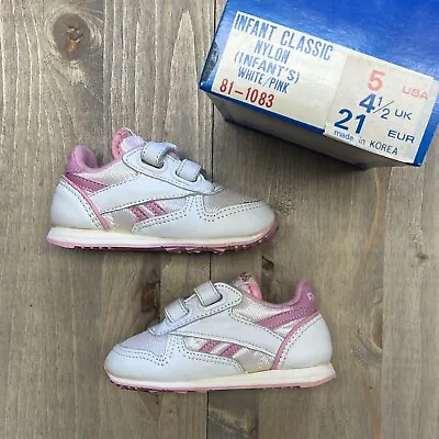 Vintage 80s Reebok Classic Leather Toddler Shoes Pink/White Size 5 • $43.64