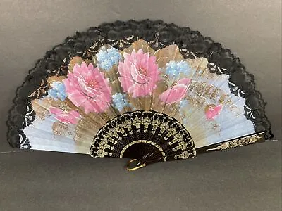 Black Lace Flowers Pink Blue Womens Fan Vintage Collectible Asian Motif Classy • $3.96