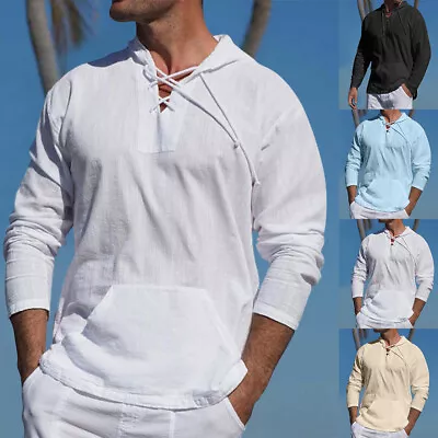 Mens Lace Up Casual Hooded Solid Pockets Long Sleeve Loose Shirts Tops Blouse • £14.49