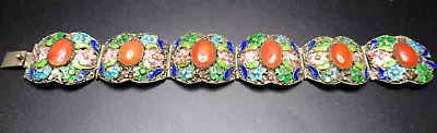 Chinese Export Gorgeous Floral Enamel Genuine Stone Antique Bracelet • $299.99