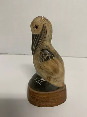 5  Tall Hand Carved Pelican Bird Exotic Wood Sculpture Glass Eye Beach Coastal • $16.99