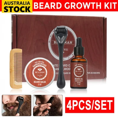 $20.61 • Buy 4PCS Mens Beard Growth Kit - Beard Growth Oil Comb Derma Roller Mustache Balm