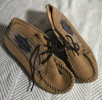 Minnetonka Bootie Moccasins El Paso II Sz 6 Leather High Top Lace Up Ankle Woven • $36.92