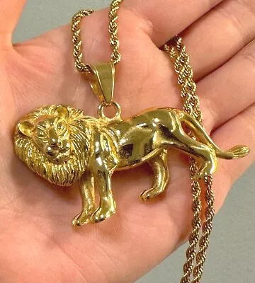 14k Gold Men's Solid Lion Evil Eye Charm Pendant Necklace Medallion Rope Chain • $31.99