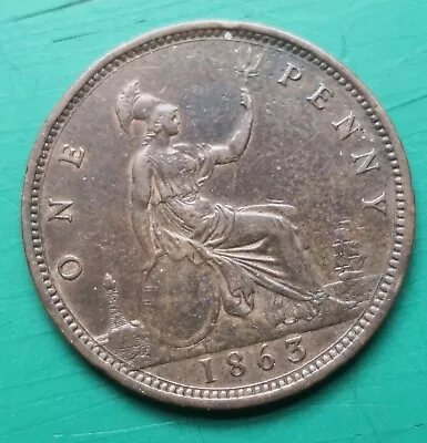 1863 Victoria Bronze Bun Penny Coin VF  #219 • £24