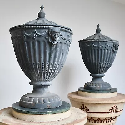 A Pair Of Robert Adam Style Faux Lead Iron Garden Gate Urn Planter Finials • £795