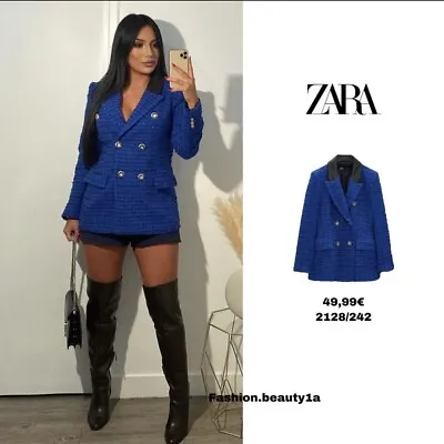$89 • Buy Nwt Zara Fw21 Combination Faux Leather Textured Blazer Jacket Blue 2128/242_xs,s