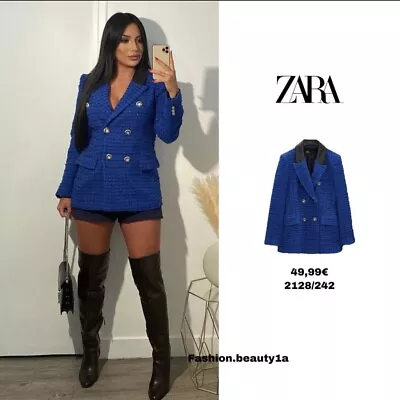 Nwt Zara Fw21 Combination Faux Leather Textured Blazer Jacket Blue 2128/242_xss • $69