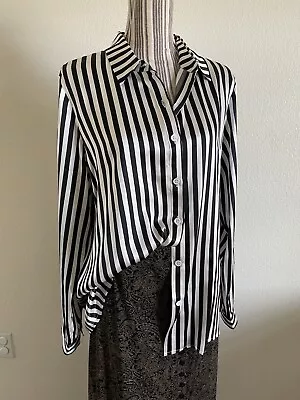 Slipintosoft Women Large 19mm Mulberry Silk Black White Striped Button Blouse • £96.50