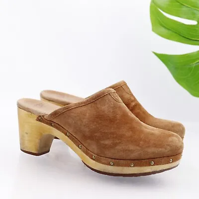 UGG Women's Abbie Mule Size 8 Wood Heel Clog Shearling Sherpa Shoe Brown Suede • $67.84