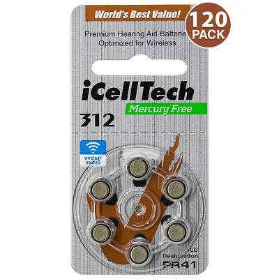 ICellTech Size 312 PR41 P312 Zinc Air MF Hearing Aid Batteries (120 Pack) • $26.96