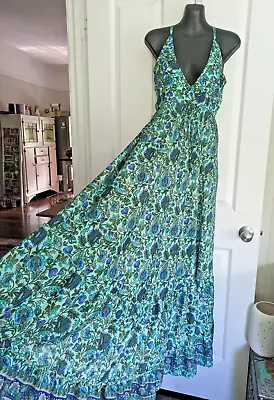 Stunning TREE OF LIFE Aqua Green Floral Strappy Empire Maxi Dress Size 10-12 • $35