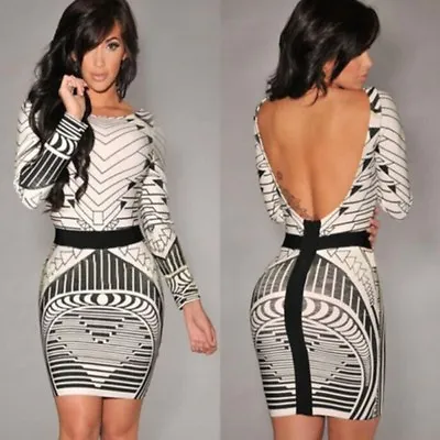 Sexy Black & White Geometric Bodycon Long Sleeve Bandage Party Mini Dress BD115 • $22.99