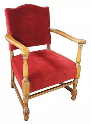 Mid Century Walnut & Red Velour Traditional Library Club Arm Chair 34  • $376