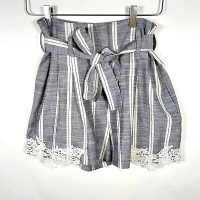 Zara Womens Striped Lace Trim Belted Shorts Sz M Medium Blue White • $22.99