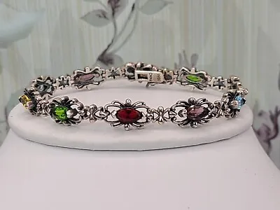 Signed Sterling Silver 925 Colorful Multi-Gemstone 7.5  Link Bracelet 12.7g • $54.99