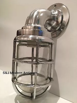 Antique Industrial Wall Light Bulkhead Vintage Cage Silver Ship Lamp Aluminum • $129