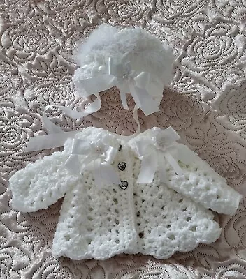 Romany Hand Crochet Bonnet And Cardigan Babies Newborn With Bling Bows • £21
