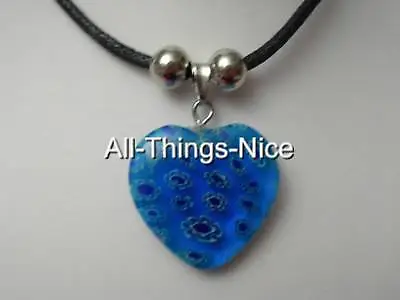 MILLEFIORI Murano Glass 20mm Flower HEART Aqua Blue Pendant Necklace Jewellery • £2