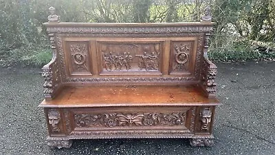 Victorian Carved Oak Monks Bench Superb Green Man Example Free Delivery • £1695
