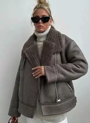 Zara Grey Faux Leather Shearling Fur Double-faced Biker Jacket Aviator Coat New • $158.72
