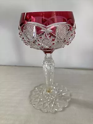 Val Saint Lambert Crystal Cut To Clear Cranberry Red 6  Wine Hock Glass * XLNT! • $76.46