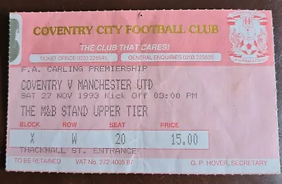 Coventry City Vs Manchester United Ticket FA Premier League 27th November 1993 • £3